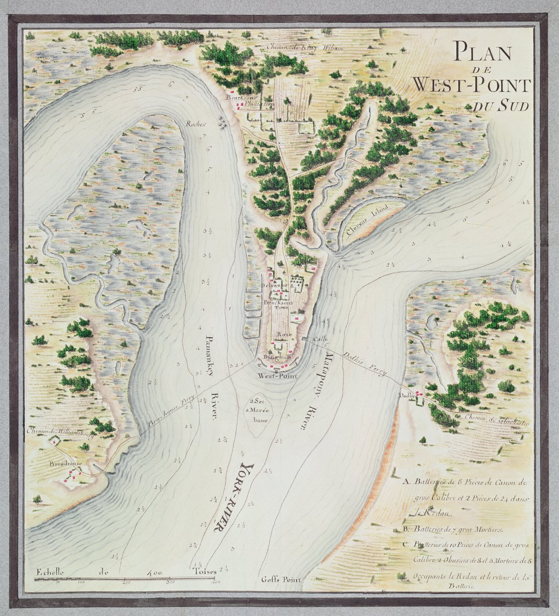 خريطة جنوب ويست بوينت ، فيرجينيا ، من "Guerre de l&39;Amerique" ، 1782 (نقش الألوان) بواسطة F. Dubourg