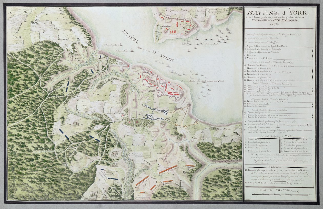 خريطة لحصار يورك عام 1781 ، من "Guerre de l&39;Amerique" ، 1782 (نقش الألوان) بواسطة F. Dubourg