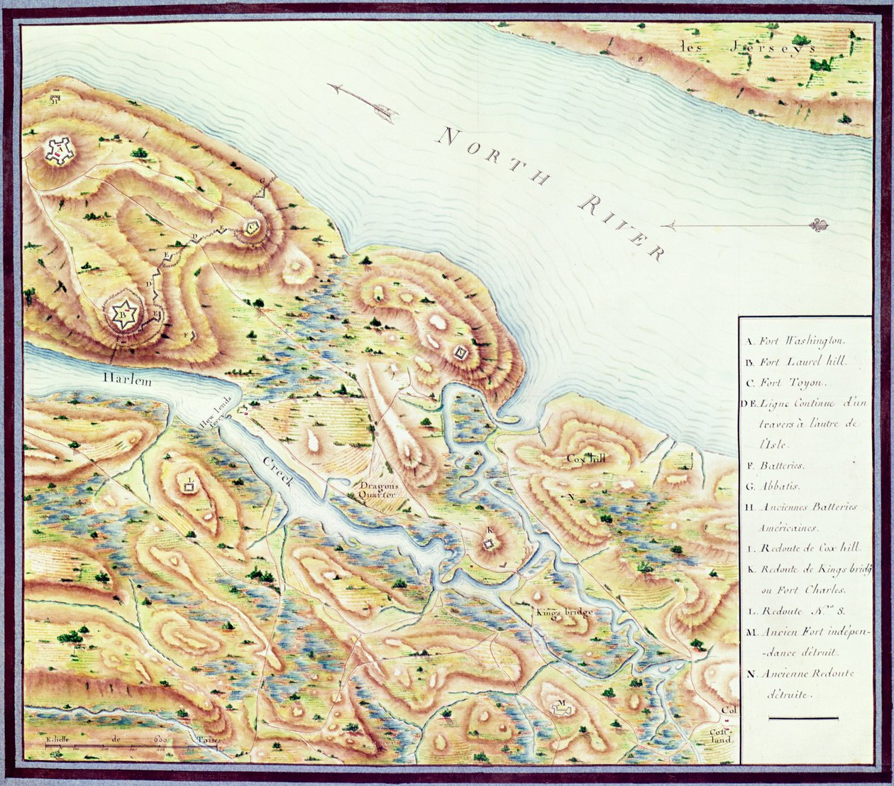 الاعتراف بجسر الملك (نهر الشمال) ، من "الحرب الأمريكية" ، c.1780-81 (نقش الألوان) بواسطة F. Dubourg