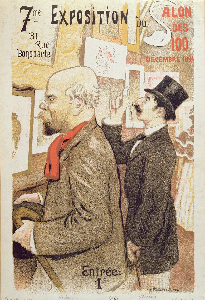 ملصق إعلان عن "المعرض السابع لصالون ديس 100" ، يصور بول فيرلين (1844-1896) وجان موريس (1856-1910) في صالون ديس 100 ، 1894 بواسطة كازال FA