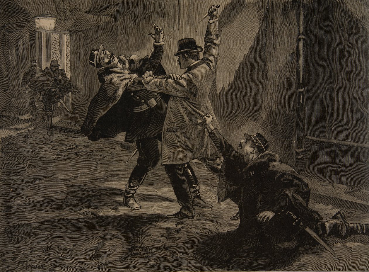 Etievant ، ارتكب الأناركي طعنًا ، توضيح من "Le Petit Journal: Supplement illustre" ، 30 يناير 1898 بواسطة فلوريدا وتوفاني ، أوسوالدو ميول
