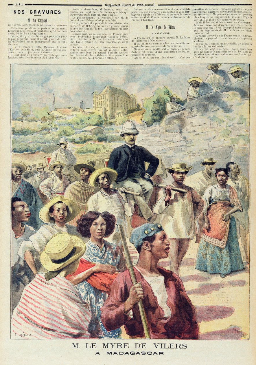 M. le Myre de Vilers في مدغشقر ، رسم توضيحي من Le Petit Journal ، 22 أكتوبر 1894 (نقش ملون) بواسطة FL وتوفاني أوزوالدو ميول