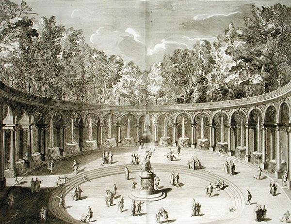 الرواق ، فرساي ، من 'Les Plans، Profiles et Elevations des Ville et Chateau de Versailles' ، محفور بواسطة جيرارد جان بابتيست سكوتان (1671-1716) ، نُشر حوالي 1715 (نقش) بواسطة F. (بعد) Delamonce