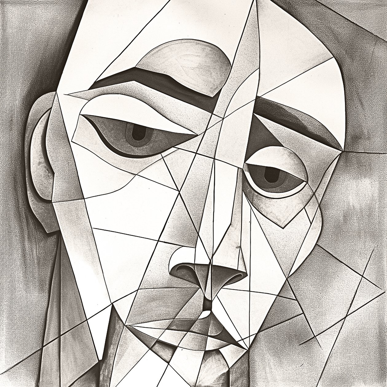 رسم تجريدي بالقلم الرصاص بدائي يصور صورة وجه حزينة بواسطة فشتالي عبد الرحيم