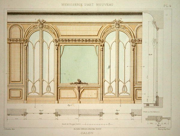 تصميم لجدار غرفة المعيشة ، رسم توضيحي من 'Menuiserie d'Art Nouveau' نُشر عام 1900 (حجر ليثو ملون) بواسطة F. باراباس