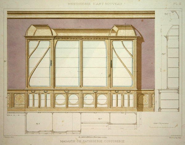 تصميم خزانة عرض لمتجر المعجنات ، رسم توضيحي من "Menuiserie d'Art Nouveau" نُشر عام 1900 (حجر ملون) بواسطة F. باراباس
