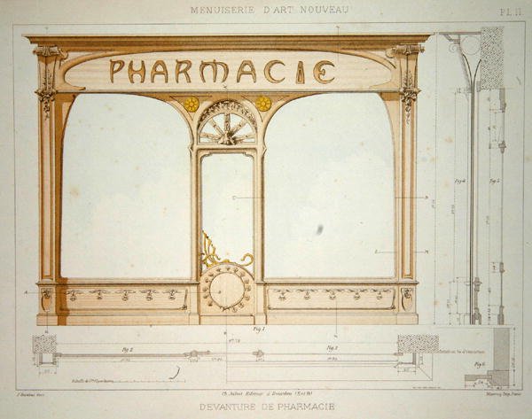تصميم واجهة متجر صيدلية ، رسم توضيحي من "Menuiserie d'Art Nouveau" نُشر عام 1900 (حجر ليثو ملون) بواسطة F. باراباس