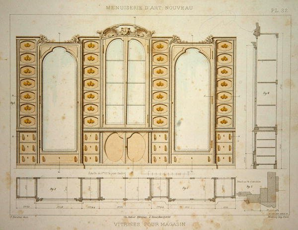 تصميم لخزانة عرض متجر ، رسم توضيحي من "Menuiserie d'Art Nouveau" تم نشره عام 1900 (حجر ملون) بواسطة F. باراباس