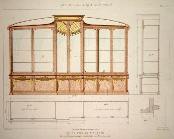 تصميم لخزانة عرض متجر ، رسم توضيحي من "Menuiserie d'Art Nouveau" تم نشره عام 1900 (حجر ملون) بواسطة F. باراباس