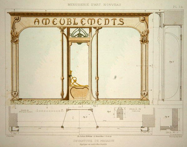 تصميم لواجهة متجر ، رسم توضيحي من "Menuiserie d'Art Nouveau" نُشر عام 1900 (حجر ليثو ملون) بواسطة F. باراباس