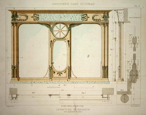 تصميم لواجهة متجر ، رسم توضيحي من "Menuiserie d'Art Nouveau" نُشر عام 1900 (حجر ليثو ملون) بواسطة F. باراباس