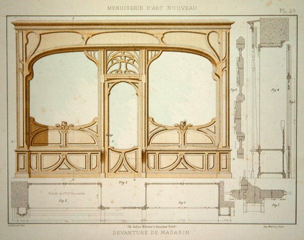 تصميم لواجهة متجر ، رسم توضيحي من "Menuiserie d'Art Nouveau" نُشر عام 1900 (حجر ليثو ملون) بواسطة F. باراباس