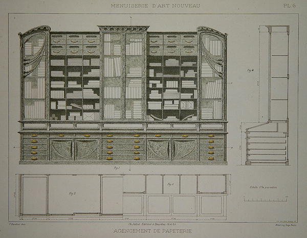 تصميم لخزانة القرطاسية ، رسم توضيحي من 'Menuiserie d'Art Nouveau' نُشر عام 1900 (حجر ليثو ملون) بواسطة F. باراباس