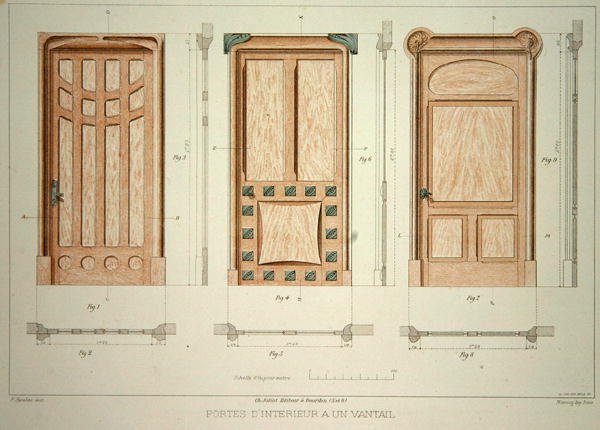 تصميمات للأبواب ، رسم توضيحي من "Menuiserie d'Art Nouveau" نُشر عام 1900 (لون ليثو) بواسطة F. باراباس