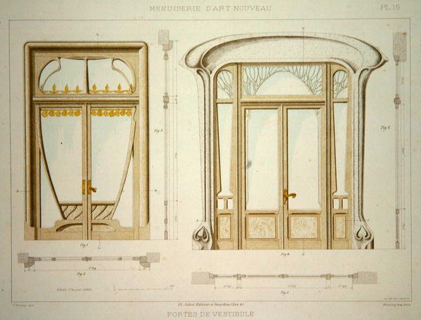 تصميمات لأبواب القاعات ، رسم توضيحي من "Menuiserie d'Art Nouveau" نُشر عام 1900 (حجر ليثو ملون) بواسطة F. باراباس