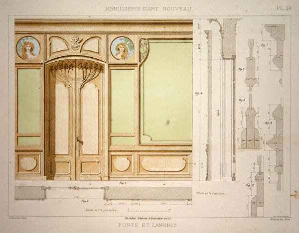 باب وحواف ، رسم توضيحي من "Menuiserie d'Art Nouveau" نُشر عام 1900 (لون ليثو) بواسطة F. باراباس
