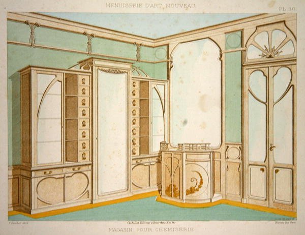 تصميم داخلي لمتجر خياطة القمصان ، رسم توضيحي من "Menuiserie d'Art Nouveau" نُشر عام 1900 (حجر ملون) بواسطة F. باراباس