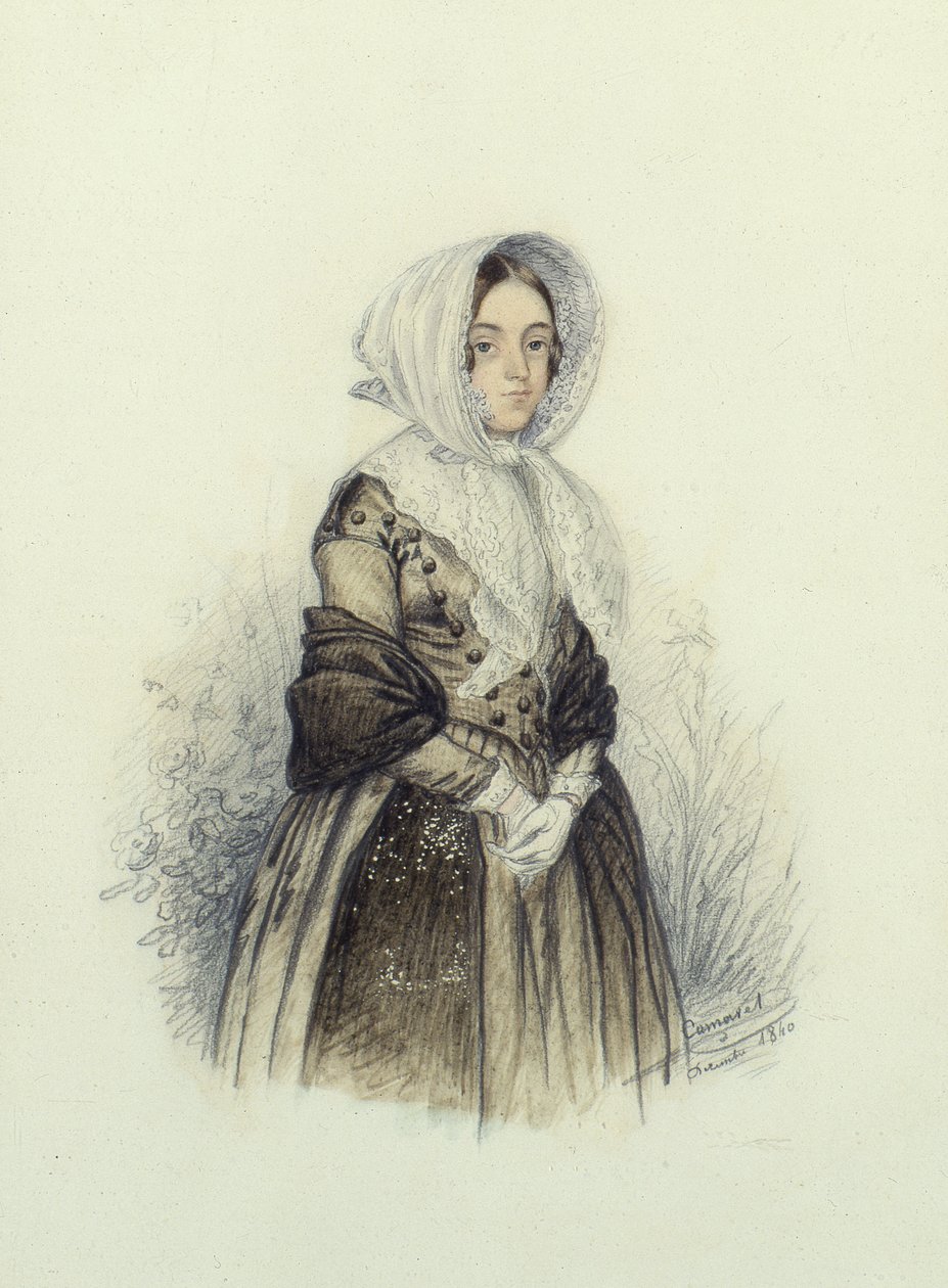 صورة لسيدة شابة في قلنسوة ذات قفازات بيضاء ، 1840 (مرحاض وقلم رصاص على ورق) بواسطة F. Camaret