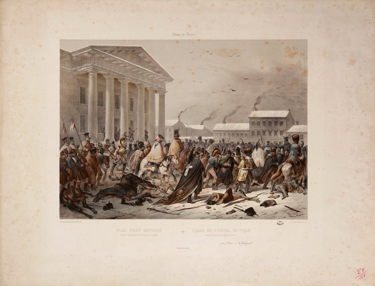 تراجع الجيش الفرنسي في ساحة تاون هول في فيلنا ، نقشها فيكتور آدم (1801-66) ولويس بيير ألفونس بيشيبويس (1801-1850) 1812 بواسطة دانيال