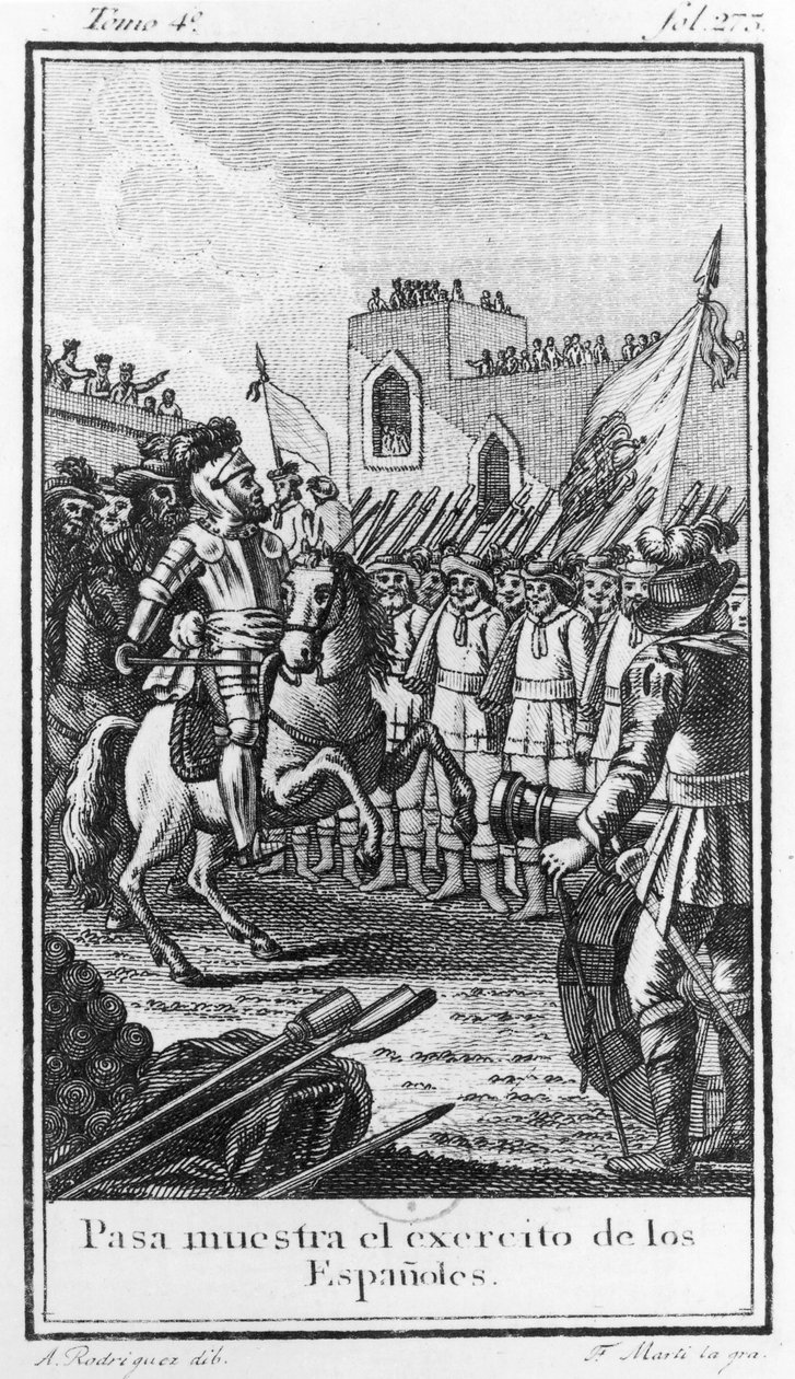 هيرناندو كورتيس (1485-1547) يراجع قواته ، نقشها أنطونيو رودريكيز بواسطة F. Marti