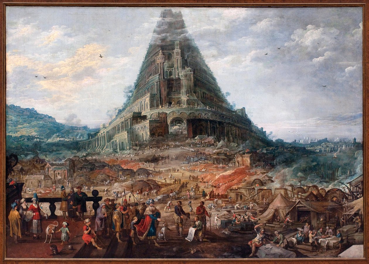 برج بابل. لوحة لجوس دي مومبر الثاني (1564-1635) ، أرقام منسوبة إلى فرانس فرانكن الثاني (1581-1642) ، زيت على خشب. الفن الفلمنكي القرن السابع عشر. المتحف الملكي للفنون الجميلة في بلجيكا ، بروكسل. بواسطة F. و Momper J. Francken