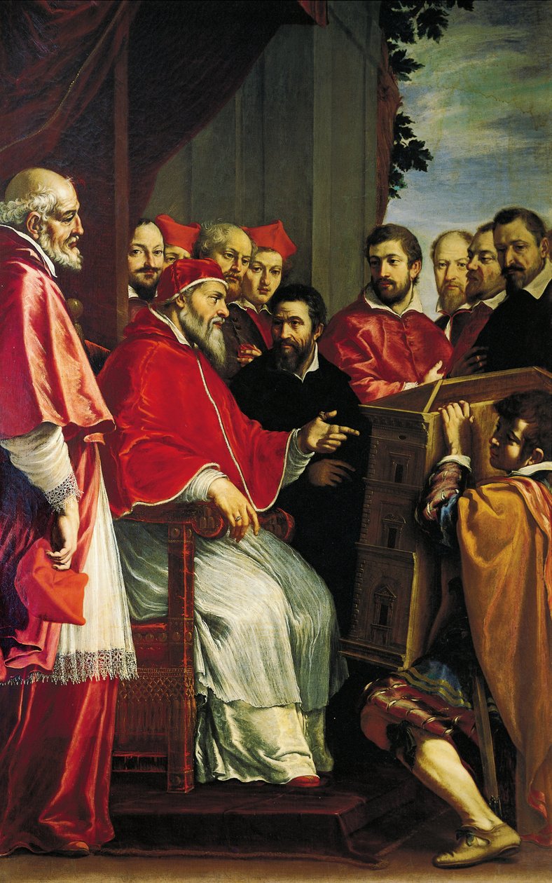 Michelangelo presenting model of building of Rota court in Giulia street to pope Julius III بواسطة فابريزيو بوشكي