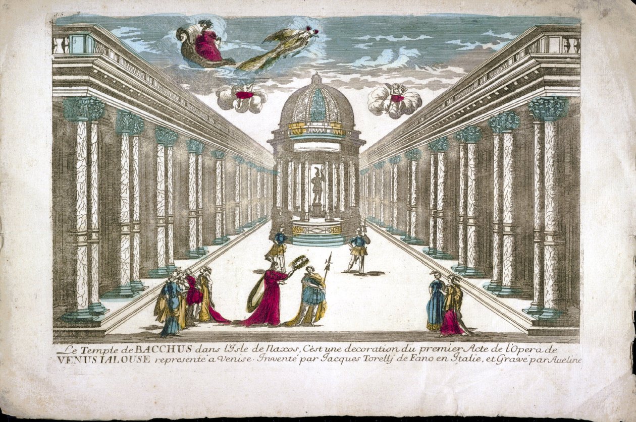 معبد باخوس رسم توضيحي للفصل الأول من أوبرا "La venere gelosa" (Venus jealous) لفرانشيسكو ساكراتي. ديكور جاكوبو توريلي بواسطة عائلة أفلين