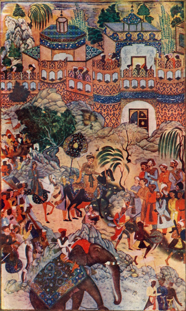 الإمبراطور الأكبر أكبر يدخل مدينته في الولاية ، 1572 ، 1590-1595 ، c1930. بواسطة فروخ بك