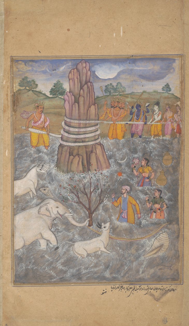 الآلهة و Asuras Churn محيط الحليب ، صفحة من Razmnama المتفرقة ، c.1598-99 بواسطة فتو