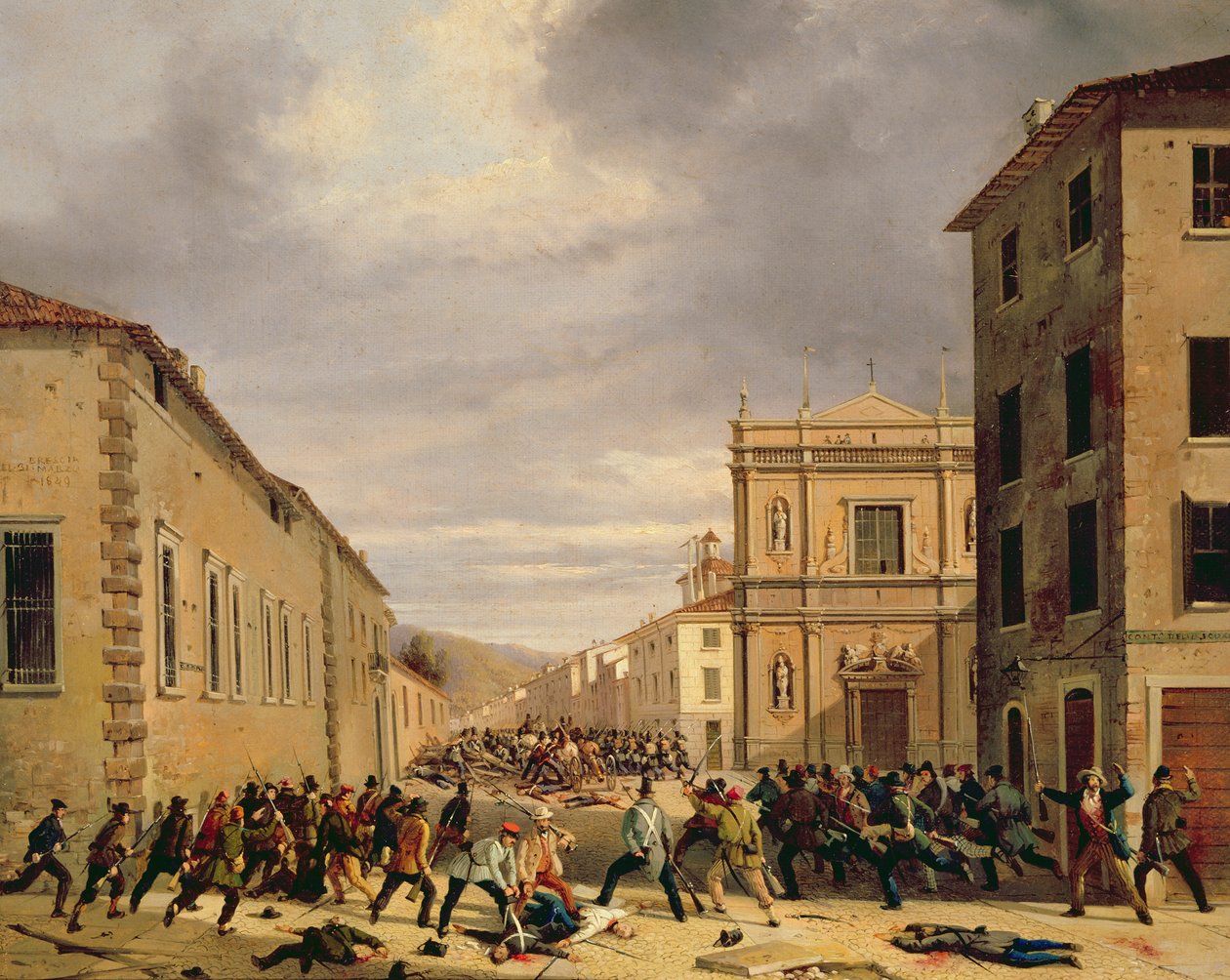 معركة 21 مارس 1849 في Piazzetta Santa Barnaba في بريشيا بواسطة فاوستينو جولي