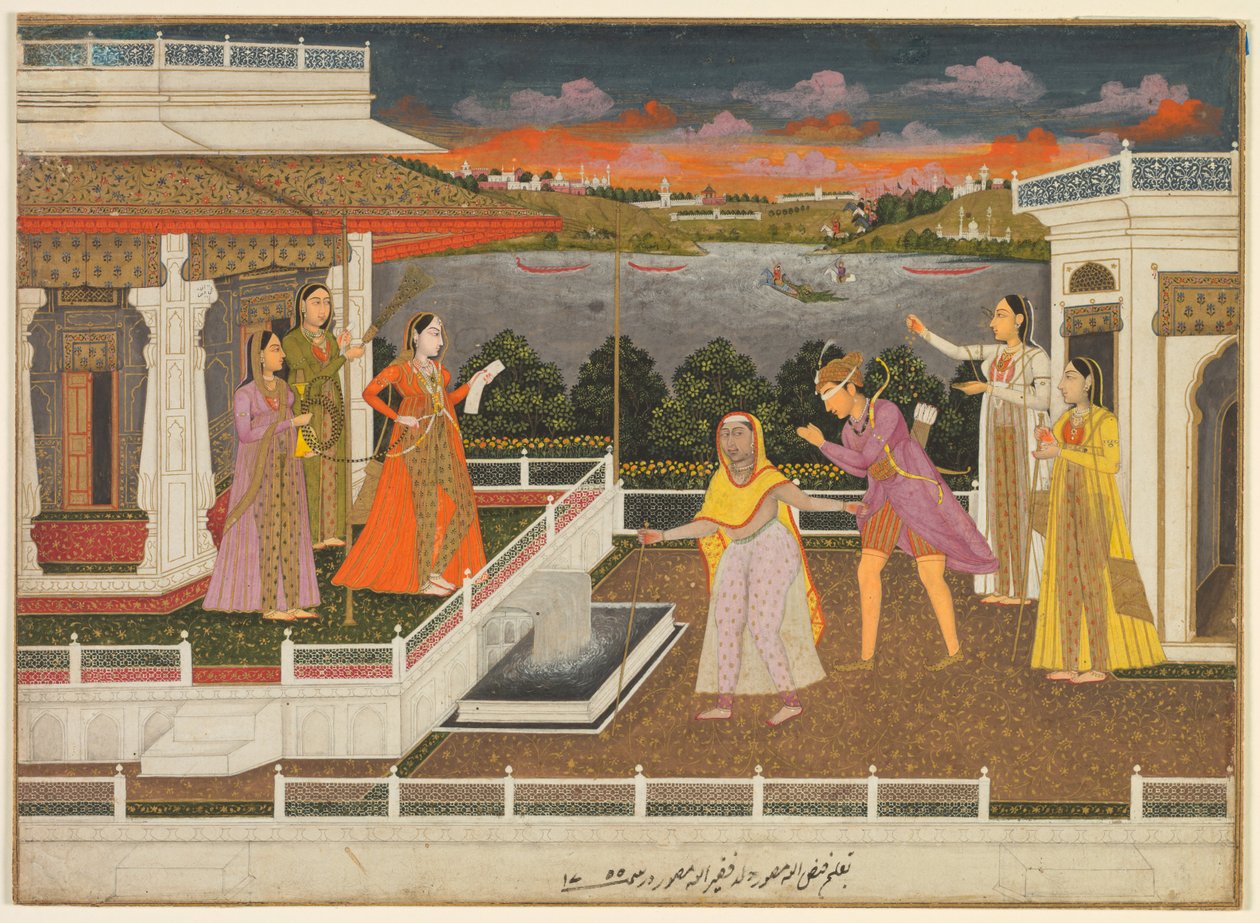 يتم إحضار خاطب معصوب العينين أمام أميرة ، على ظهره: زهور متعرجة ، 1755. بواسطة فايز الله