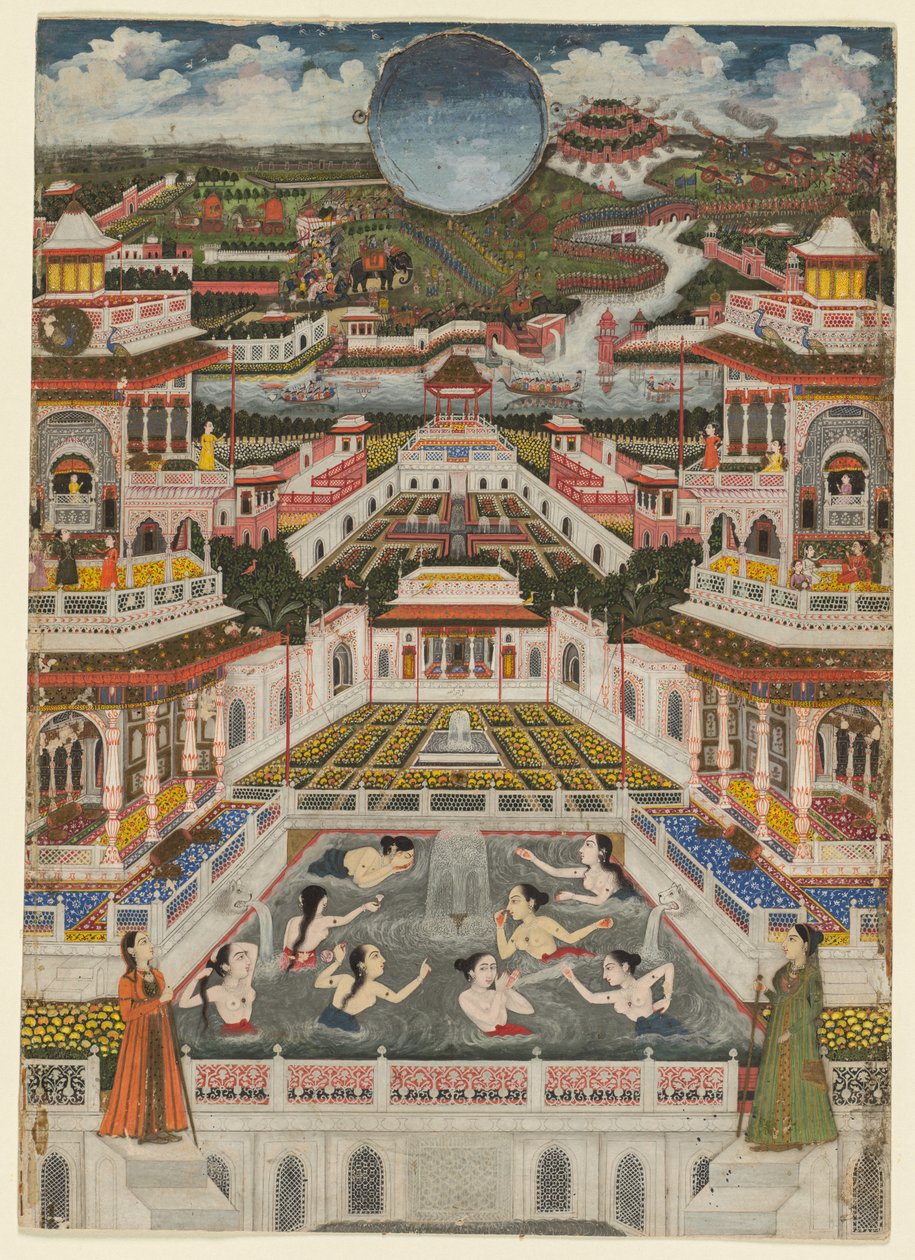 نساء يستحمن أمام بانوراما معمارية ، ج. 1765. بواسطة فايز الله