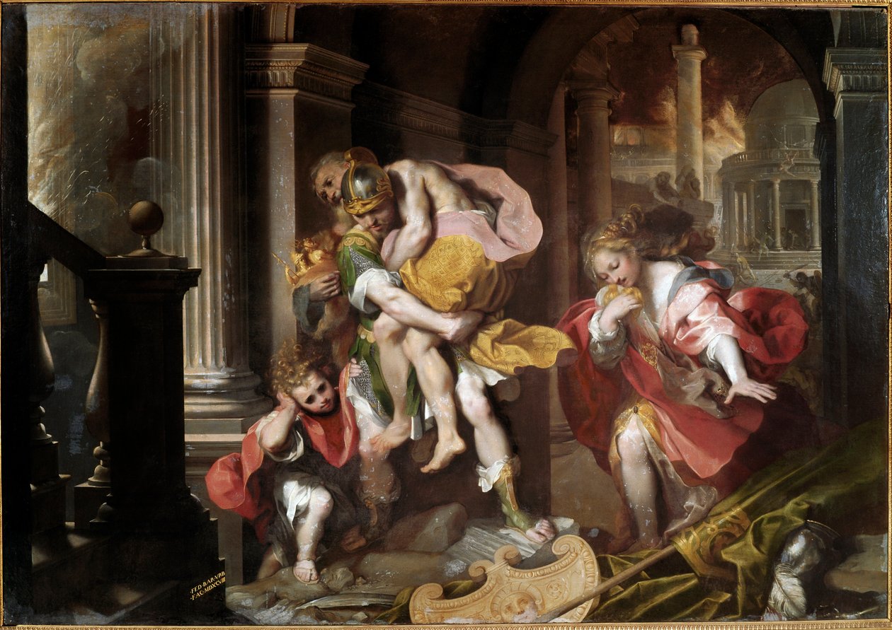 Enee يحمل على كتفيه والده Anchise ويهرب من حريق لوحة طروادة بواسطة Federico Fiori dit il Barocci (1528 / 35-1612) 1598 Sun. 179x253 سم روما ، جاليريا بورغيزي بواسطة Federico Fiori Barocci أو Baroccio