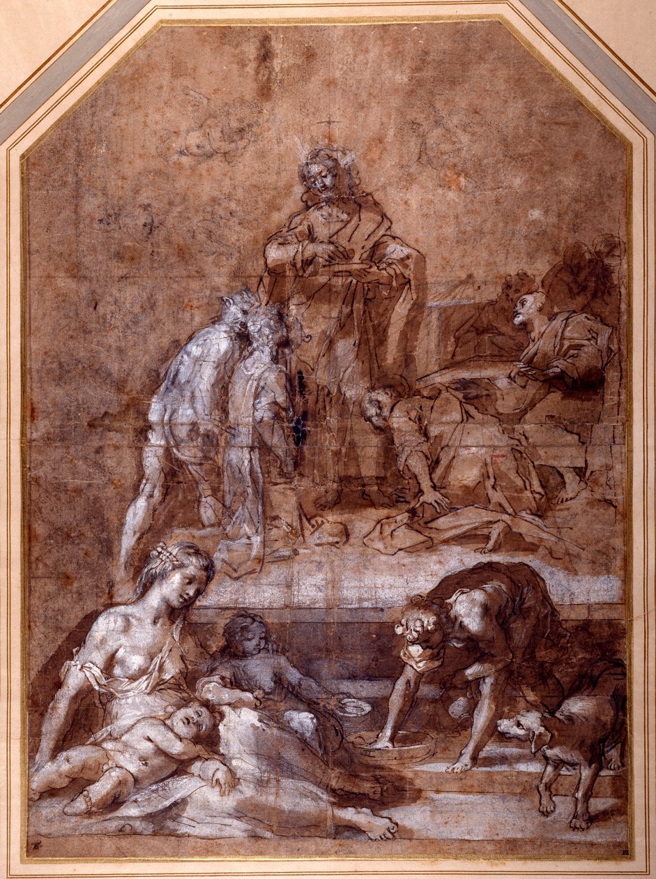 Religious allegory, the gathering of the Manna and the Institution of the Eucharist (pen & ink and chalk with wash, heightened with white on paper) بواسطة Federico Fiori Barocci أو Baroccio