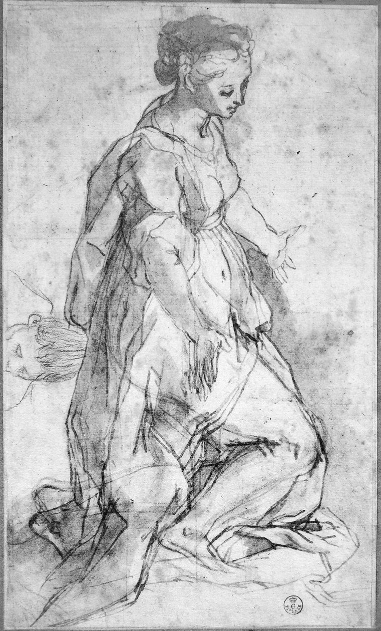 دراسة لشكل العذراء (طباشير اسود وقلم وحبر مع غسيل على الورق) بواسطة Federico Fiori Barocci أو Baroccio