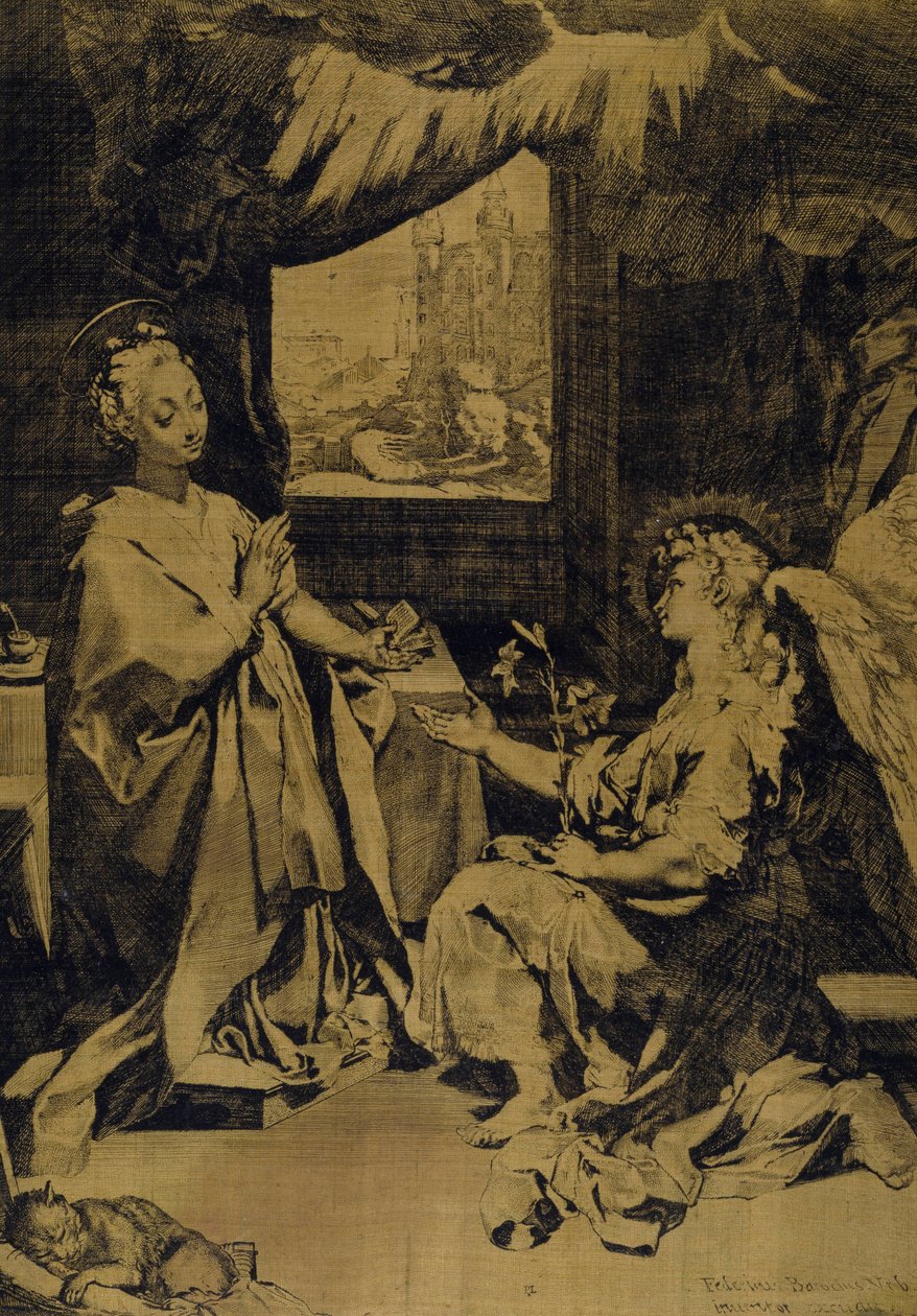 The Annunciation (etching, engraving & drypoint on yellow silk taffeta) بواسطة Federico Fiori Barocci أو Baroccio