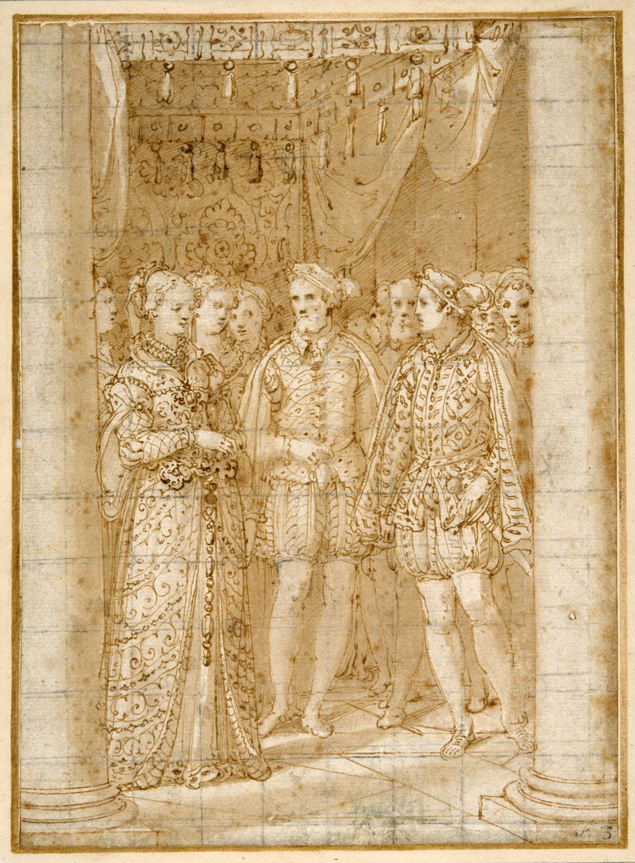 Betrothal of Ottaviano Farnese to Margaret of Parma, in the presence of Henri II of France (pen & ink on paper) بواسطة فيديريكو زوكارو