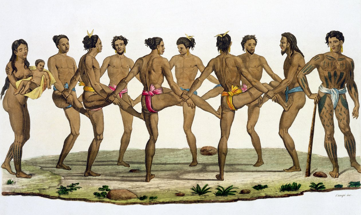 رقصة سكان جزر كارولين ، اللوحة 22 من "Le Costume Ancien et Moderne" بقلم Jules Ferrario ، نُشرت في 1820s-30 بواسطة فيليس كامبي