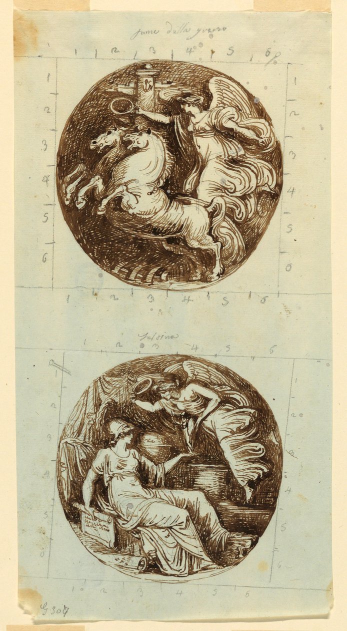 رسم، نصر مجنح يركب عربة؛ نصر مجنح يتوج مينيرفا؛ رسمان دائريان، حوالي 1805 بواسطة فيليس جياني