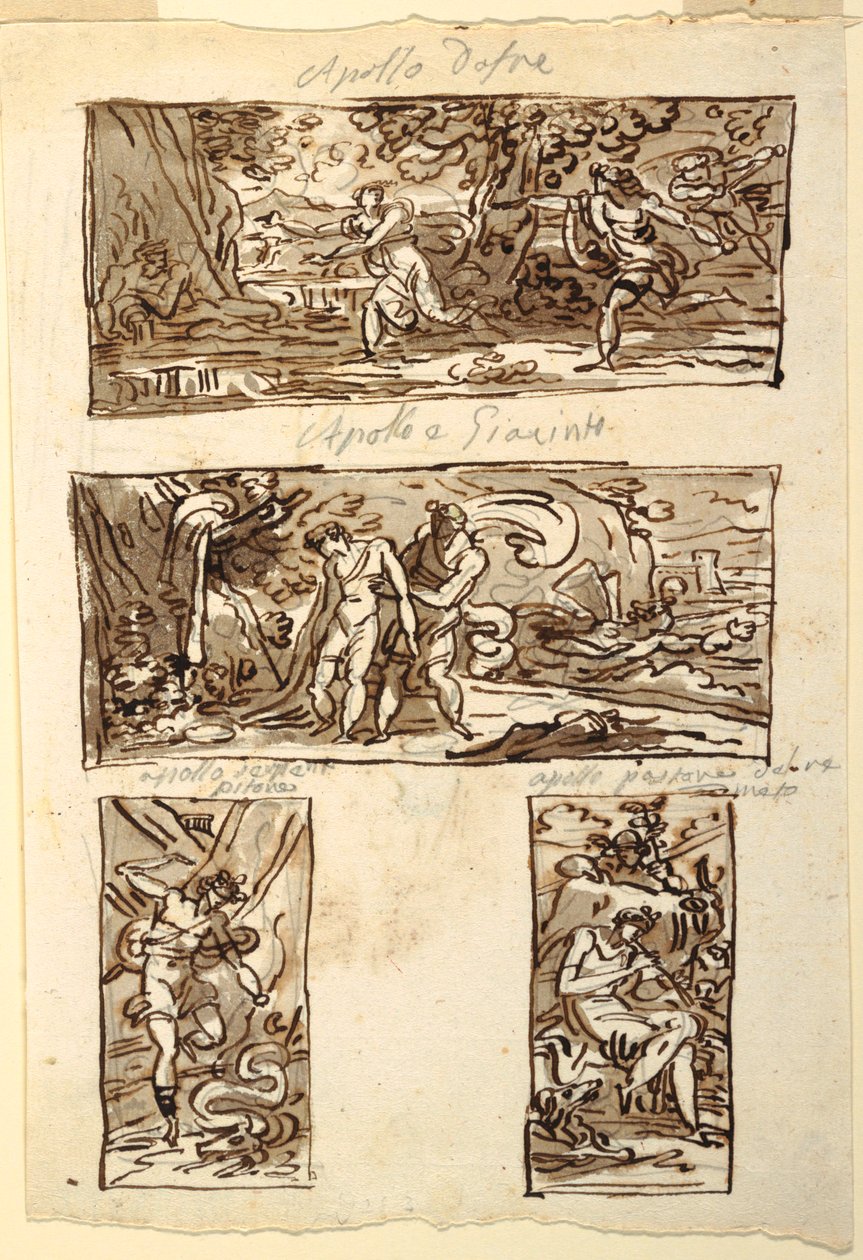 أربعة رسومات لأسطورة أبولو ؛ زخرفة جدار فوق رف ، Sala di Apollo ، Palazzo Cavina ، Faenza بواسطة فيليس جياني