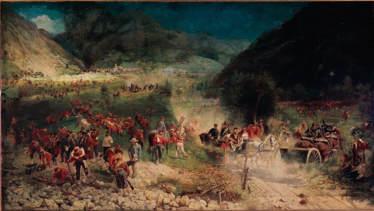 حرب الاستقلال الإيطالية الثالثة: "معركة بيزيكا" في 21/7/1866 عارضت جثة صيادي جوزيبي غاريبالدي ضد الجيش النمساوي. لوحة لفيليس زينارو (1833-1926) ميلانو ، متحف Risorgimento بواسطة فيليس زينارو