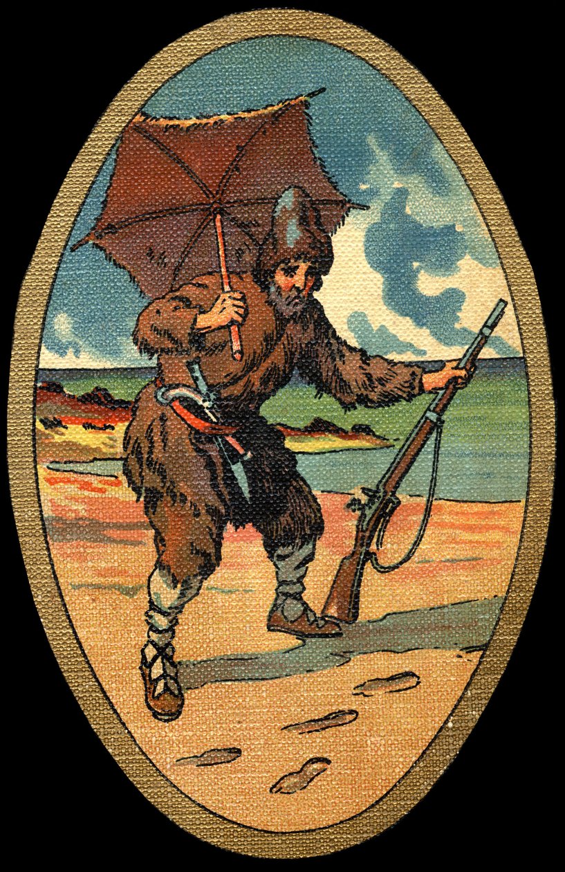 روبنسون كروزو: رسم توضيحي لفيليسيان ميرباخ ميرباخ راينفيلد (1853-1940) لكتاب دانيال ديفو (دي فو) روبنسون كروزو. بدون تاريخ. حوالي عام 1934 بواسطة Felicien baron de Myrbach Rheinfeld