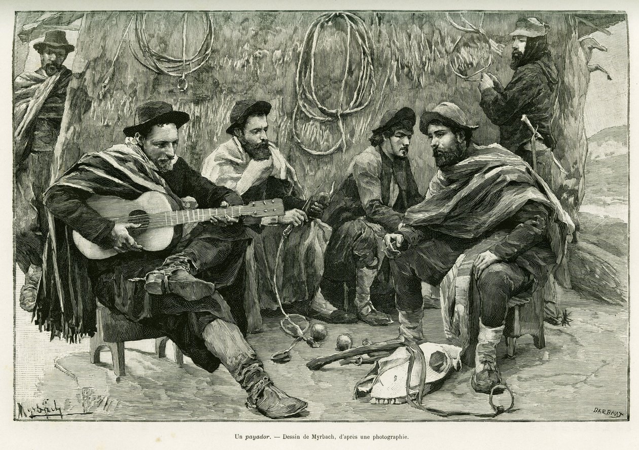 A payador ، مبارزة في شعر المطربين المشي. نقش لميرباخ ، لتوضيح قصة رحلة لا بلاتا ، في عام 1886 ، بواسطة إميل دايرو ، في جولة العالم 1888 ، من إخراج إدوارد شارتون (1807-1890) ، هاشيت ، باريس. بواسطة Felicien baron de Myrbach Rheinfeld
