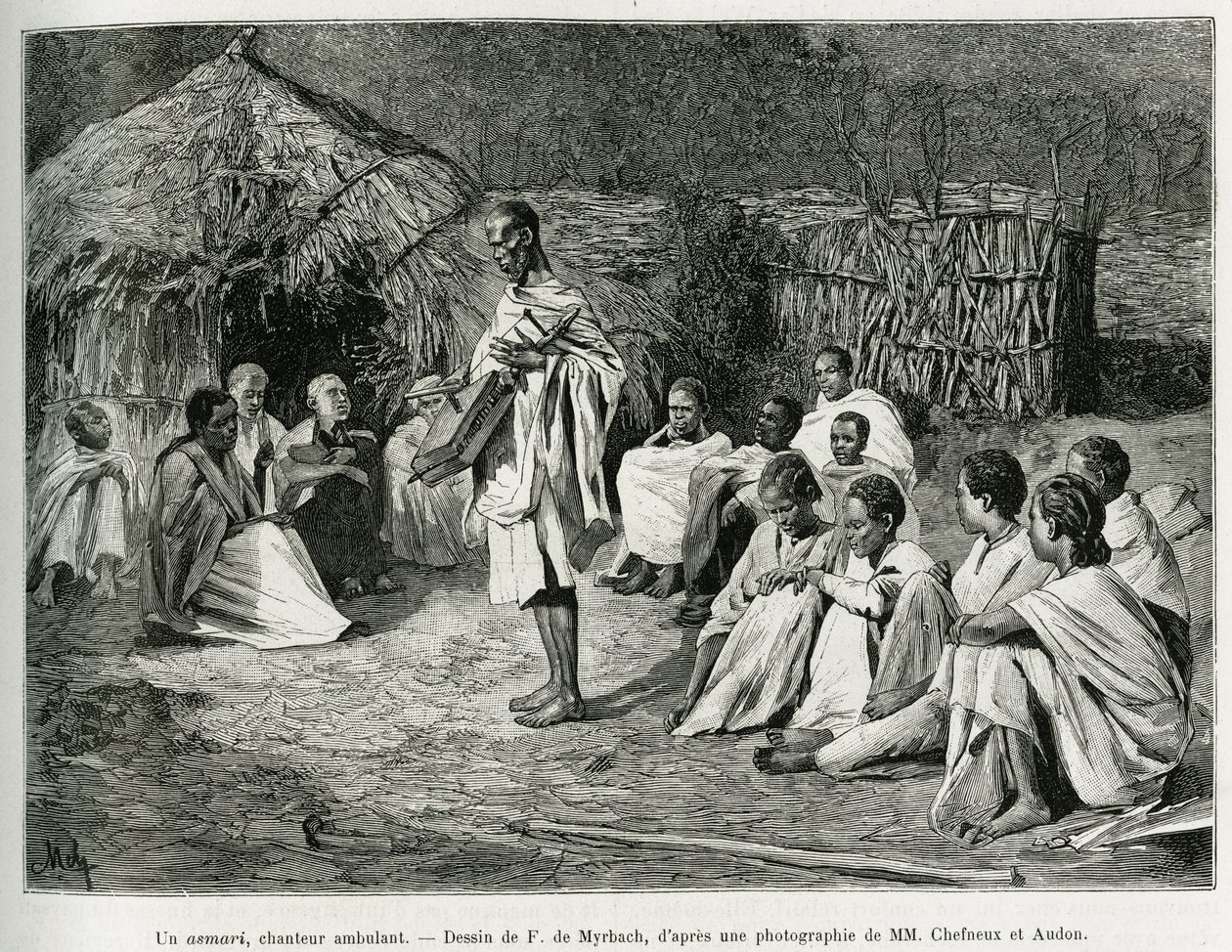 أسمري مغني يمشي. نقش بواسطة F.De Myrbach ، بعد صورة فوتوغرافية ، لتوضيح قصة Voyage au Choa (Abyssinie meridionale) ، في 1884-1888 ، بواسطة Henry Audon ، في le Tour du monde 1889 ، من إخراج Edouard Charton (1807-1890) ، Hachette ، باريس. بواسطة Felicien baron de Myrbach Rheinfeld