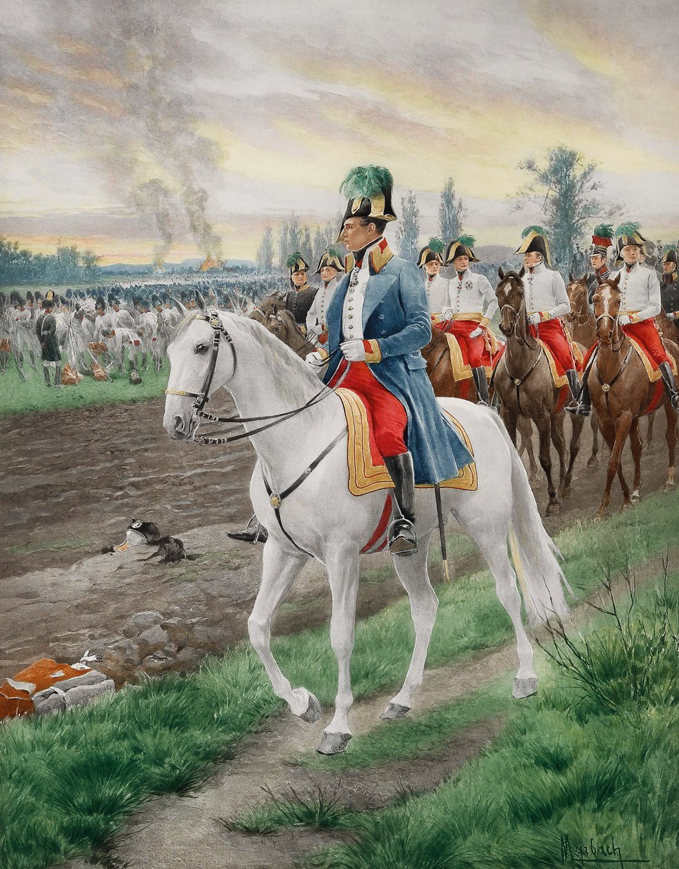 Charles Louis d'Autriche Teschen - أرشيدوق النمسا تشارلز (1771-1847) ، دوق Teschen ، مع موظفيه ، بواسطة Myrbach-Rheinfeld ، Felician von (1853-1940). الطباعة الحجرية الملونة ، ج. 1900. مجموعة خاصة بواسطة Felicien baron de Myrbach Rheinfeld