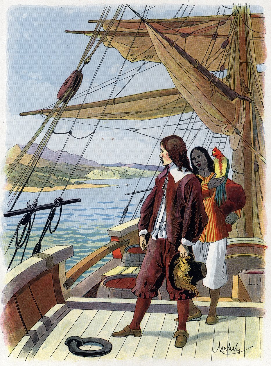 روبنسون كروزو يغادر جزيرته - رسم لفيليسيان ميرباخ ميرباخ راينفيلد (1853-1940) لكتاب دانيال ديفو (العدو) روبنسون كروزو. بدون تاريخ. حوالي عام 1934 بواسطة Felicien baron de Myrbach Rheinfeld