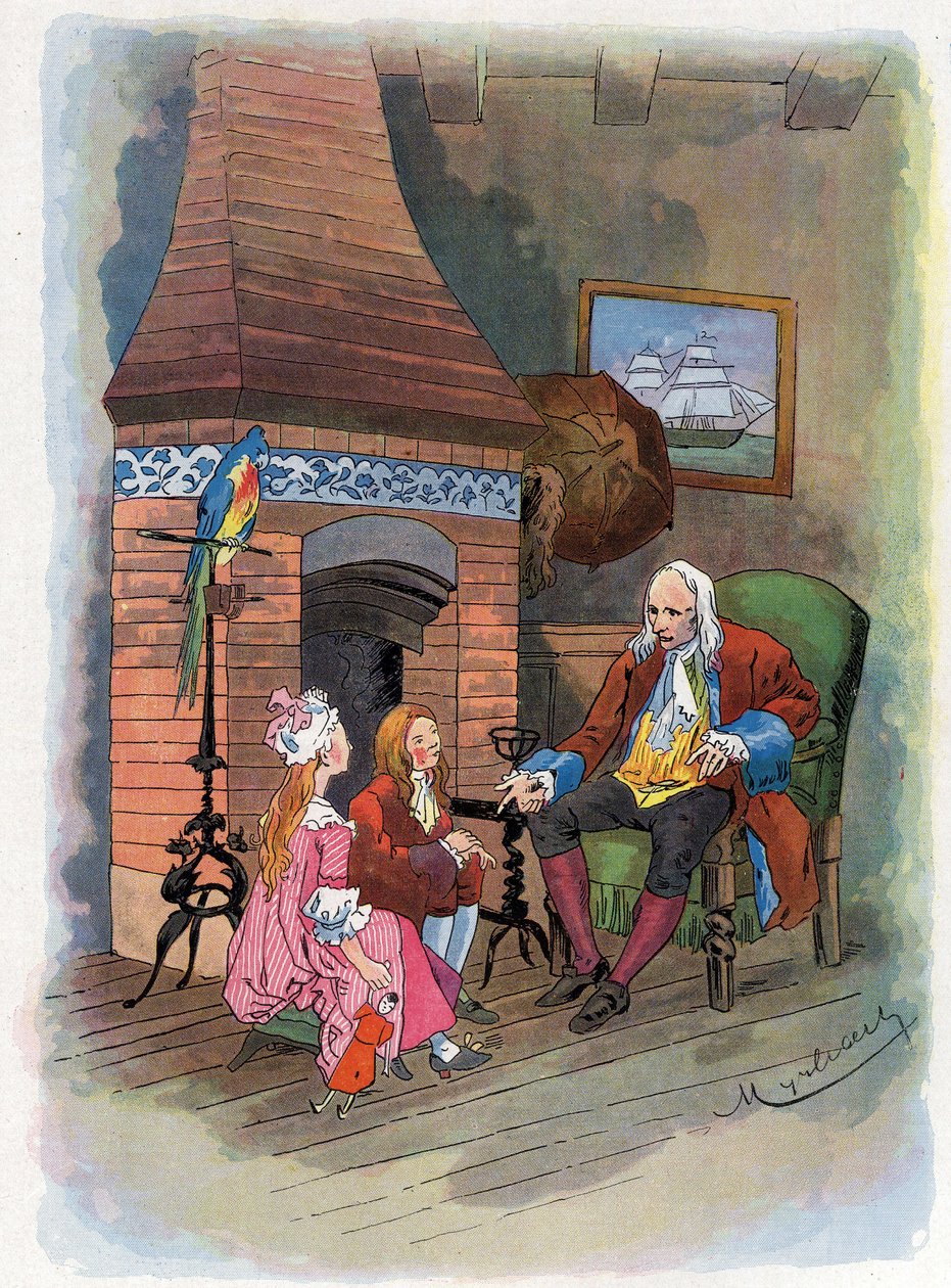 يخبر روبنسون كروزو أطفاله عن مغامراته. رسم توضيحي لفيليسيان ميرباخ ميرباخ راينفيلد (1853-1940) لكتاب دانيال ديفو (دي فو) روبنسون كروزو. بدون تاريخ. حوالي عام 1934 بواسطة Felicien baron de Myrbach Rheinfeld