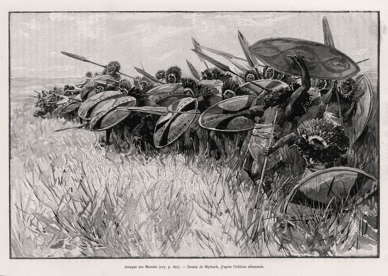 هجوم مسيس. نقش ميرباخ لتوضيح قصة "" Au secours d'Emin Pacha "، للدكتور بيترز (1856-1918) بواسطة Felicien baron de Myrbach Rheinfeld