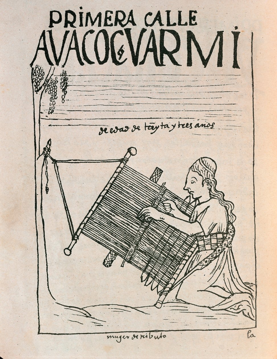 A female weaver using a loom (Ink drawing بواسطة فيليبي هوامان بوما دي أيالا
