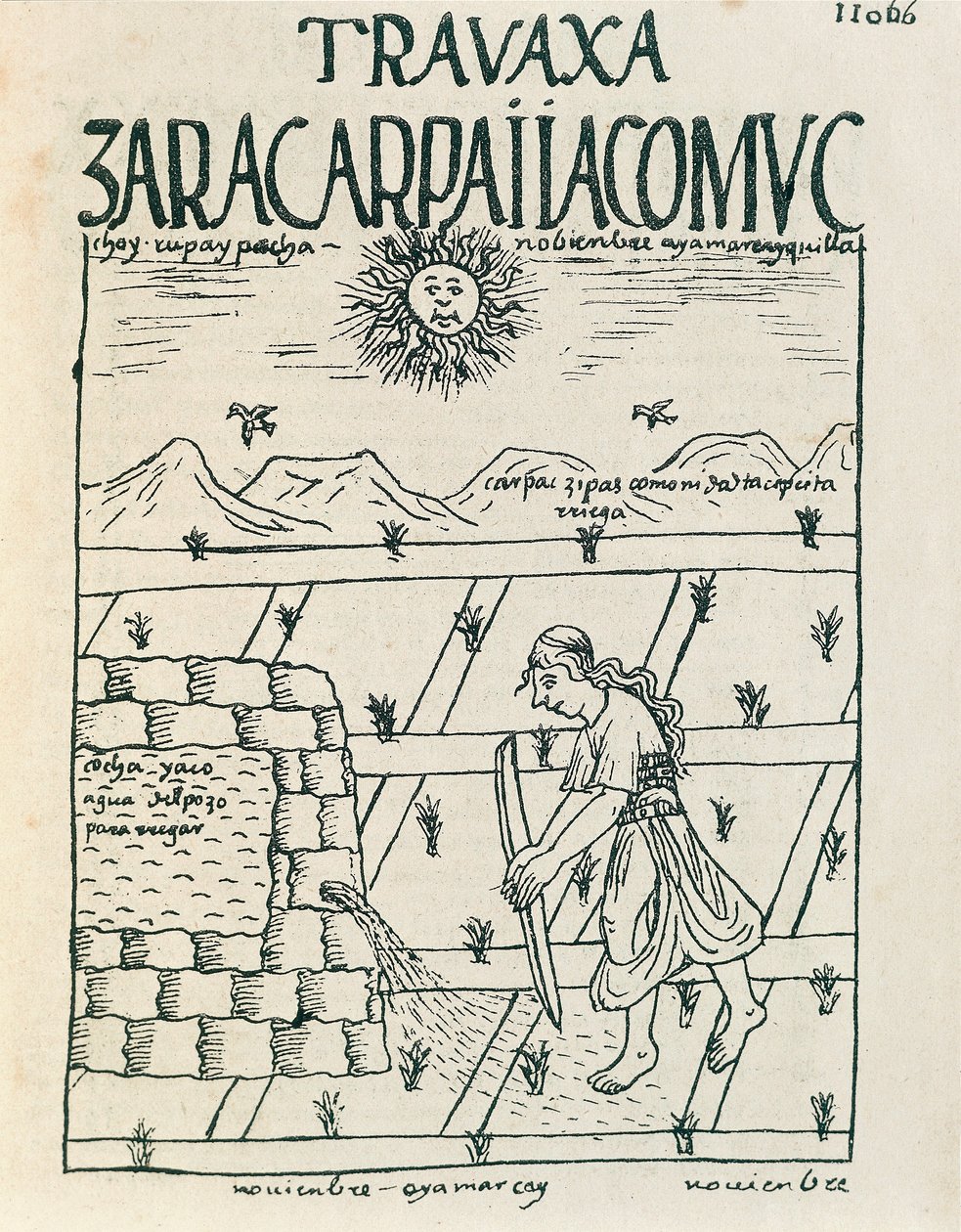 A peasant irrigating his field in November (Ink drawing بواسطة فيليبي هوامان بوما دي أيالا